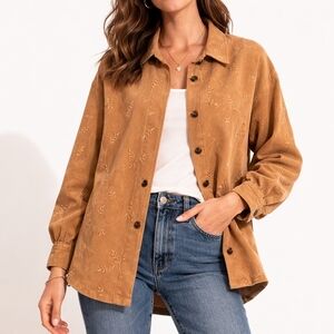 E.L.C.C. 1980s Embroidered Camel Button Down Long Sleeve Shacket